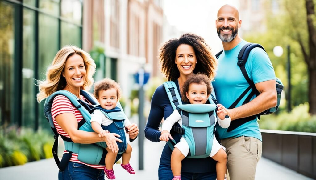 Satisfied parents using baby carriers